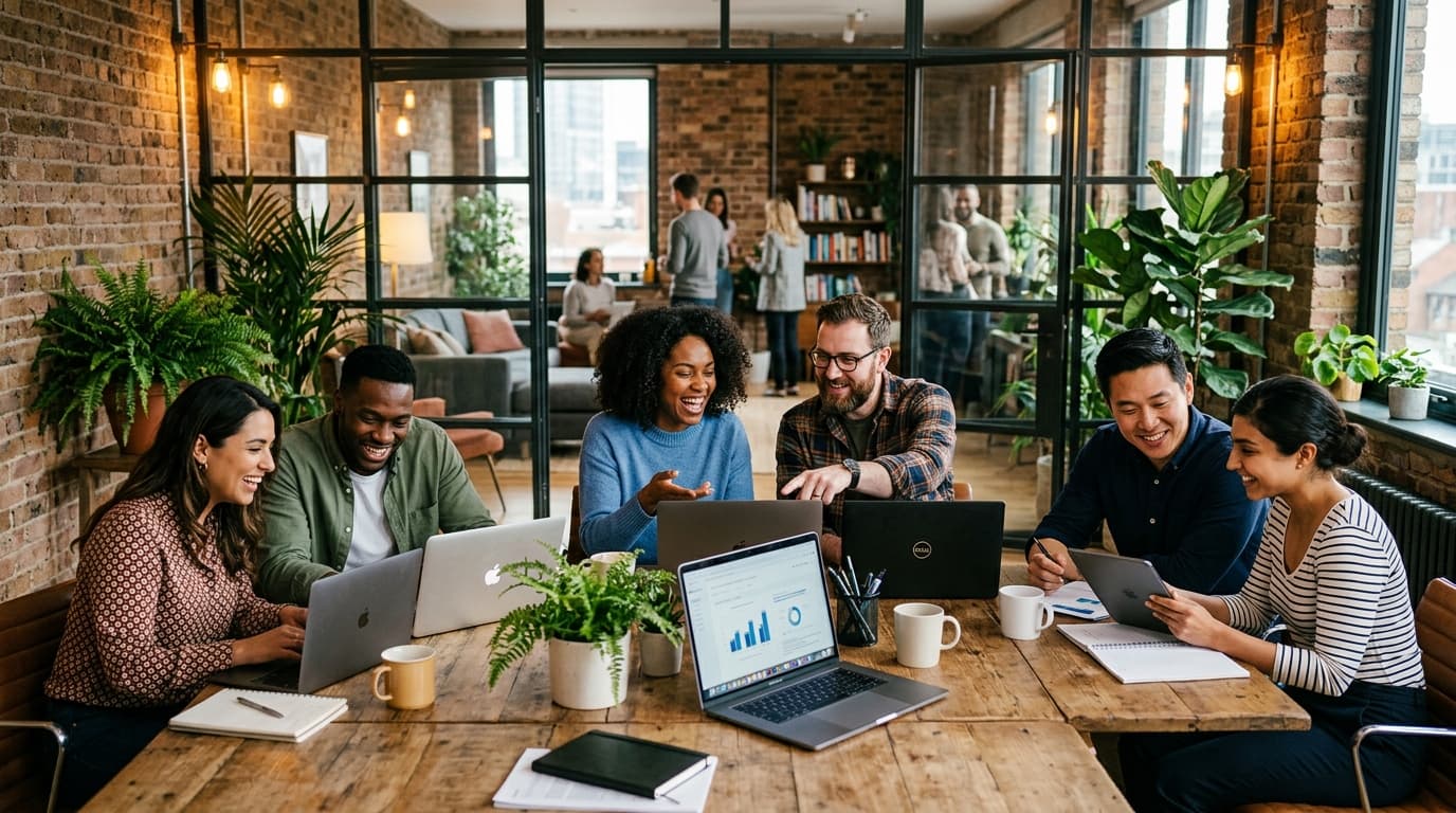 Diverse HR team collaborating in a modern warm workspace