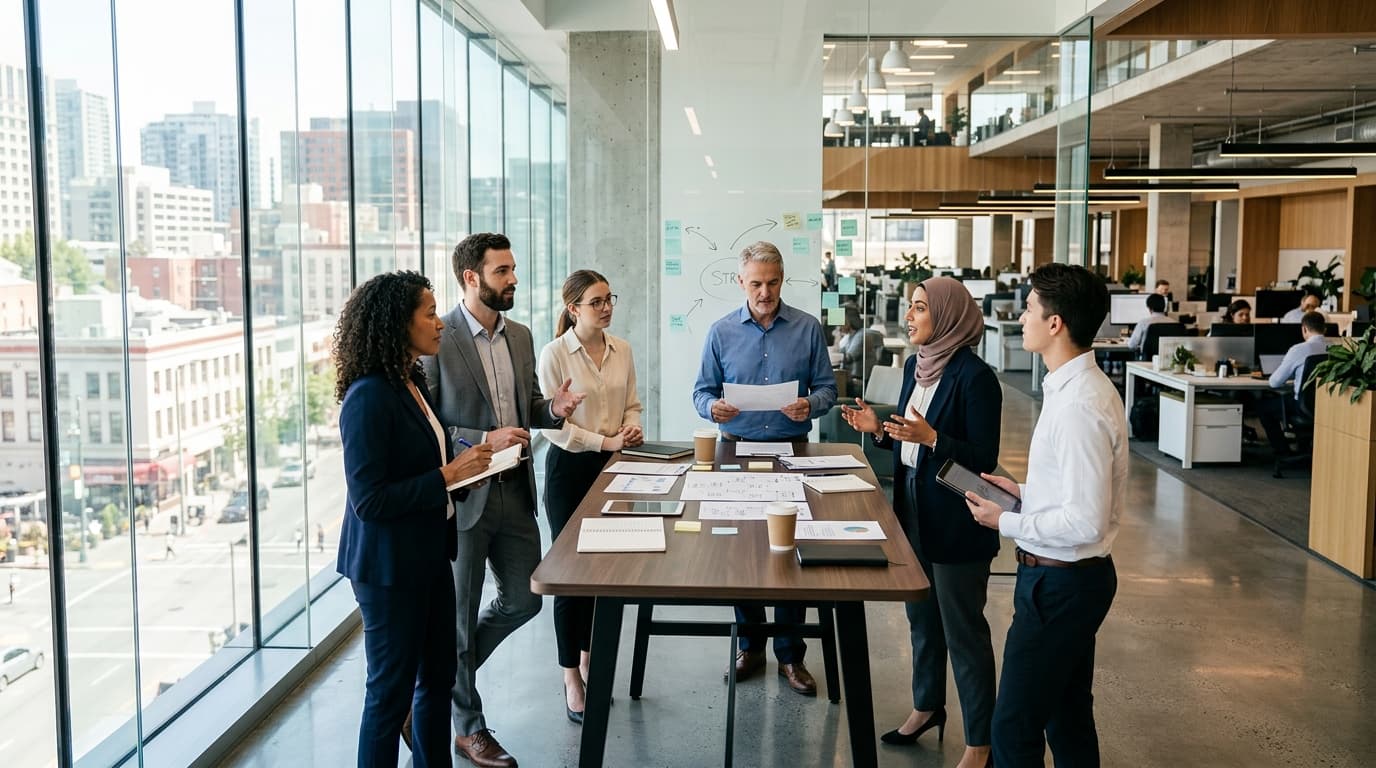 Team members discussing strategy in modern architectural office space